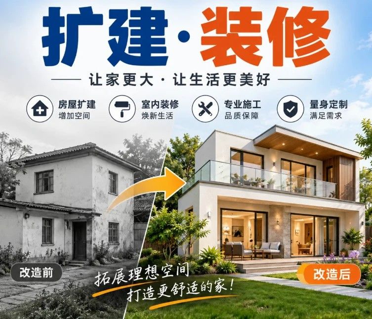 扩建装修示意海报：左边旧屋，右边扩建翻新后的房子