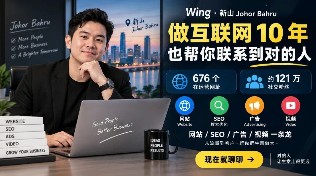 Wing SEO 宣传图：Wing 在新山的工作桌前，旁边写着做互联网 10 年、网站 / SEO / 广告 / 视频一条龙（示意图）