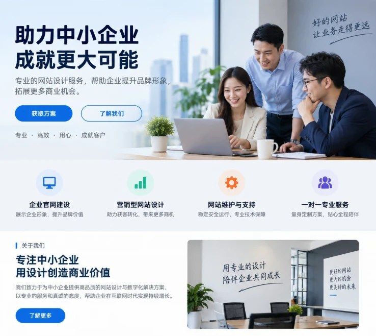 几个人围着笔记本电脑看企业网站的示意插画