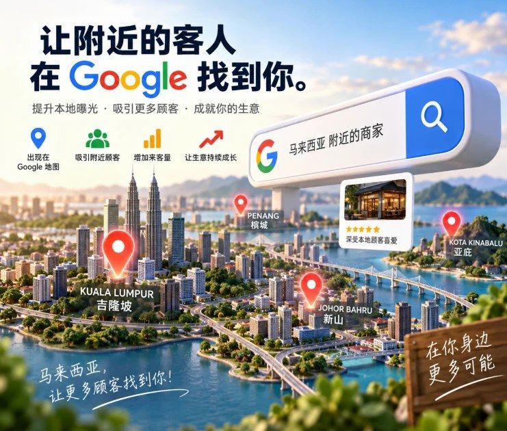 马来西亚城市地图上的搜索框与定位图钉示意插画