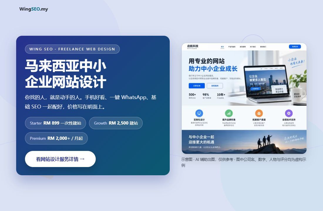Wing SEO 网站设计广告落地页首屏截图：标题、三档价格胶囊与服务详情按钮