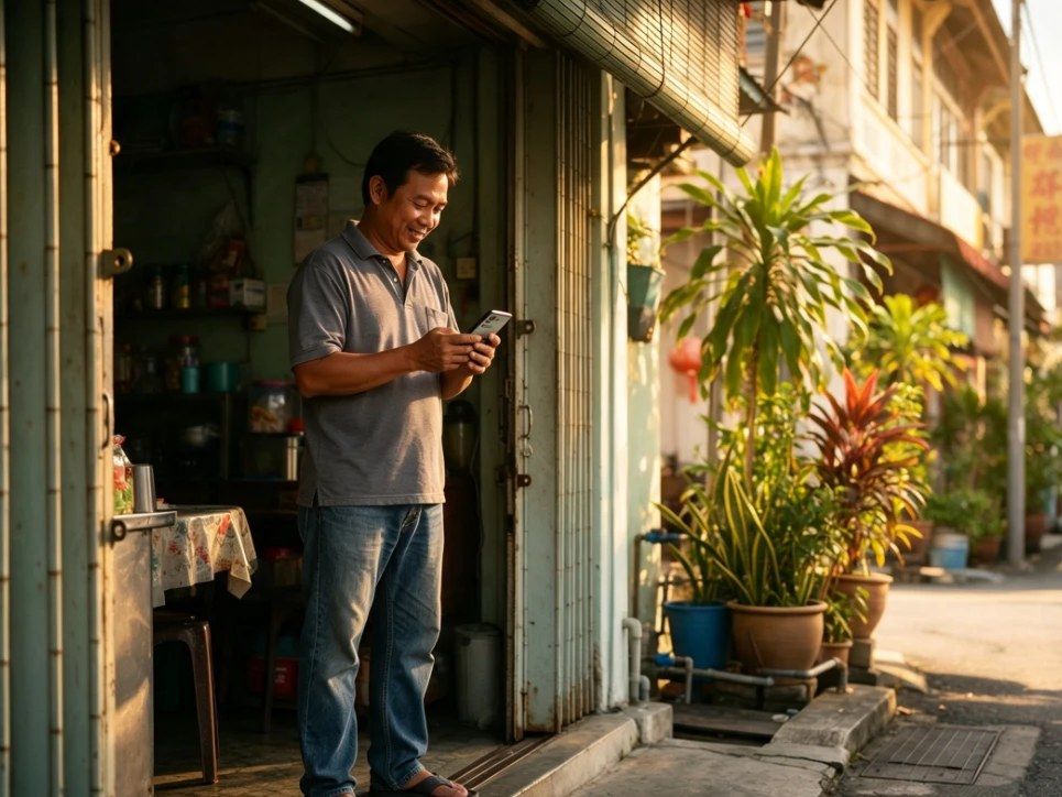 马来西亚华人小店老板站在店门口看手机上的 Google 搜索结果（示意图）