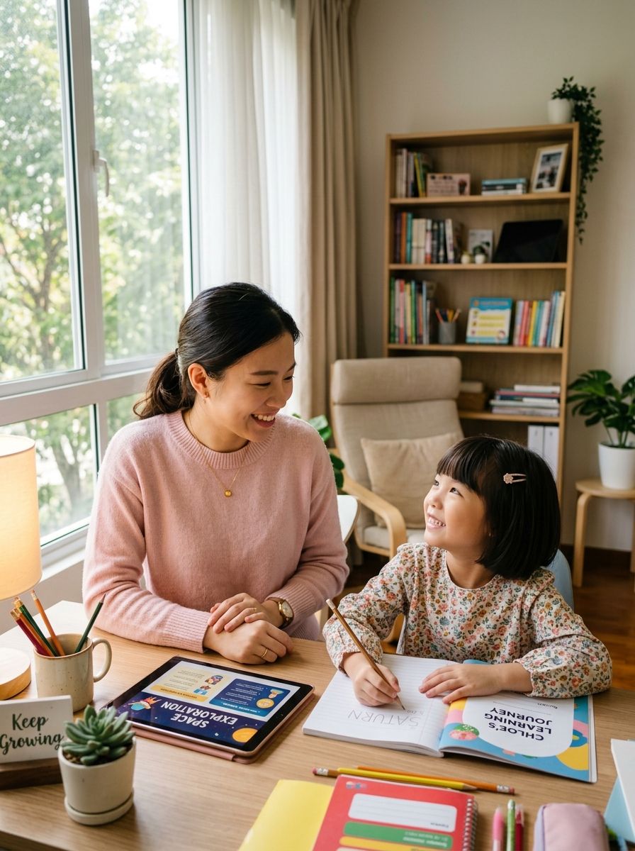 家长陪孩子回顾学习进度的示意图